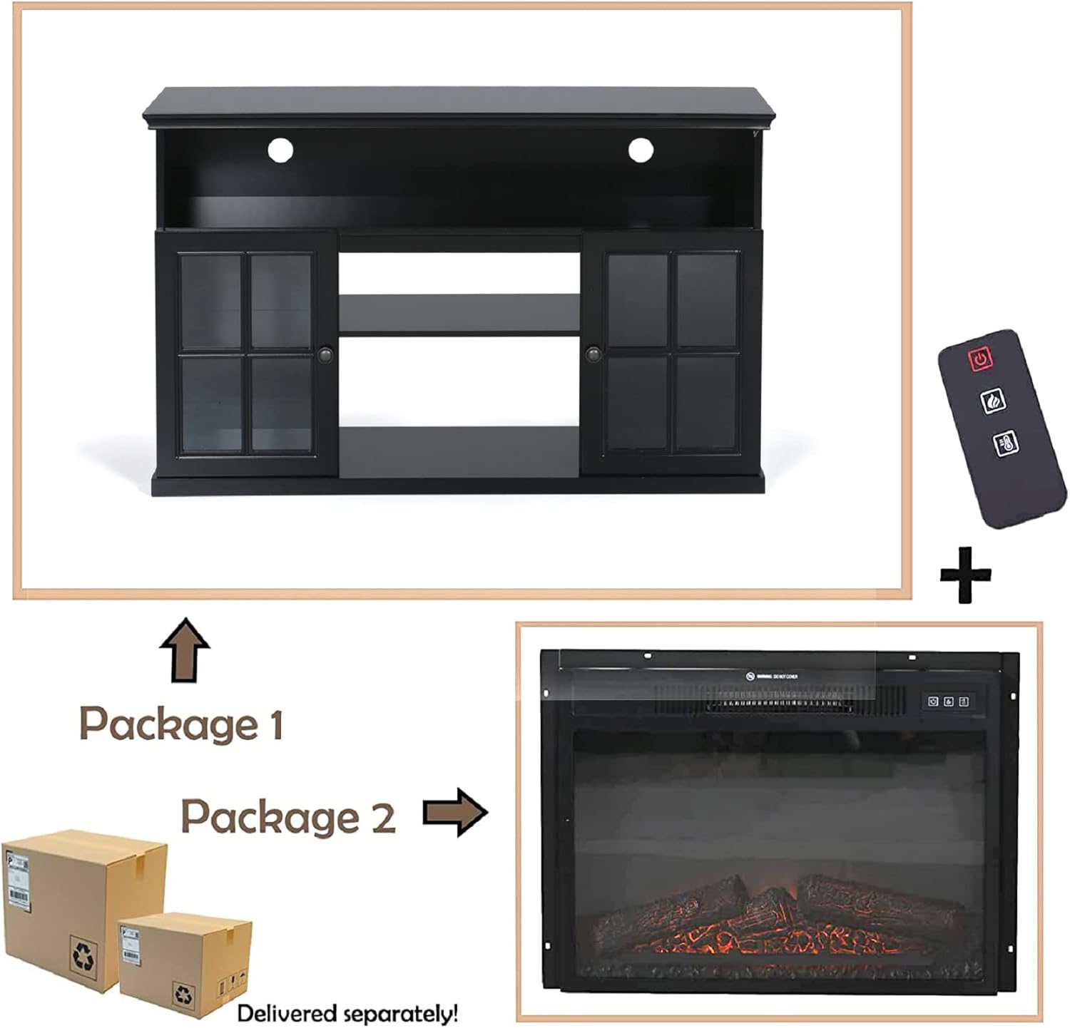 Sophia & William Farmhouse Electric Fireplace TV Stand for TV's Up to 65, Accent Decorative Barn Door Storage Cabinet Chest with 23 Insert Fireplace for Living Room Bedroom Home Office, Burlywood