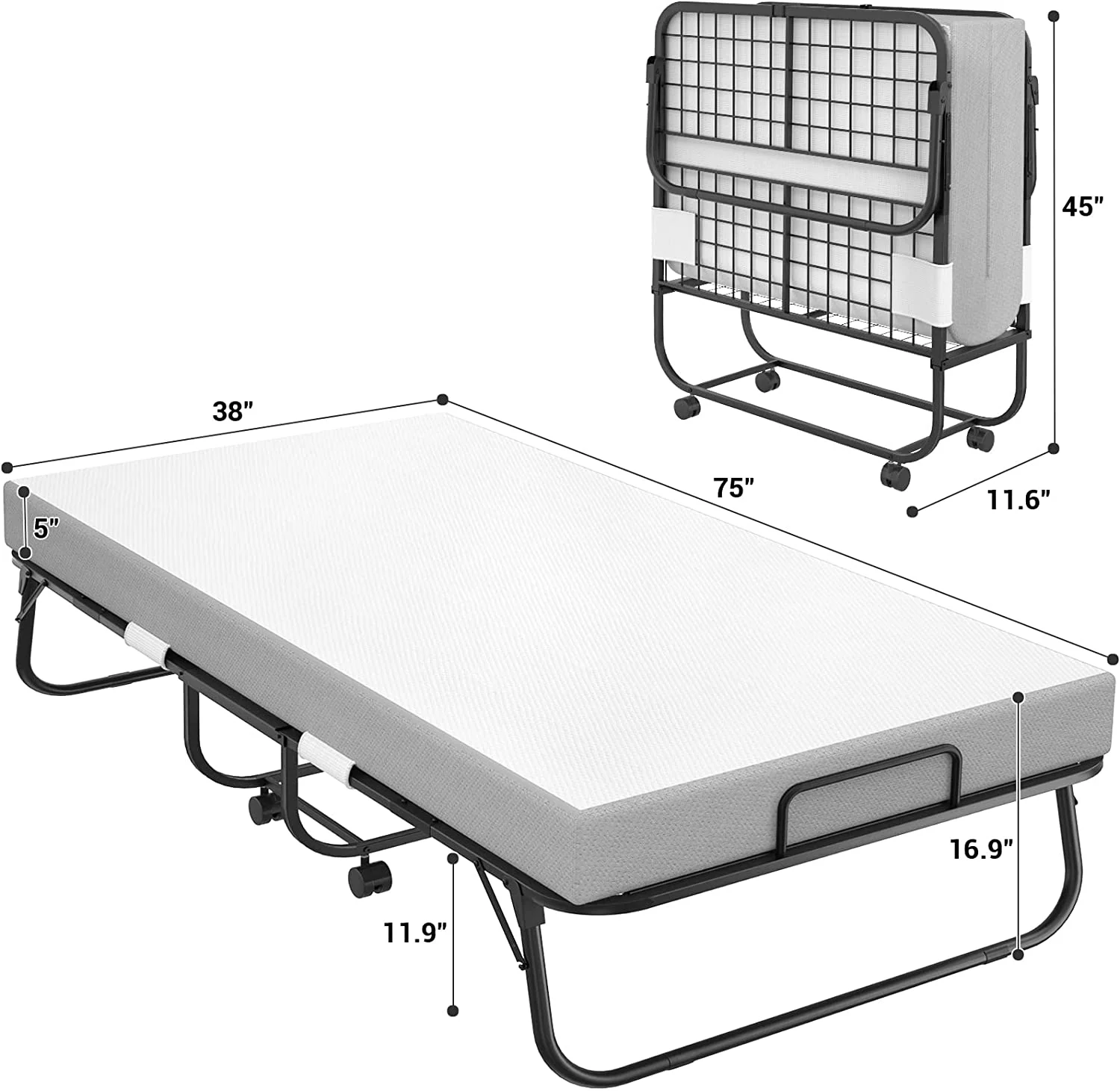 Homieasy Folding Bed with Mattress for Adults, 38 Inch Rollaway Bed with Memory Foam Mattress, Twin Size Foldable Guest Bed with Metal Frame, Portable Bed with Storage Cover, 75 x 38 Inch
