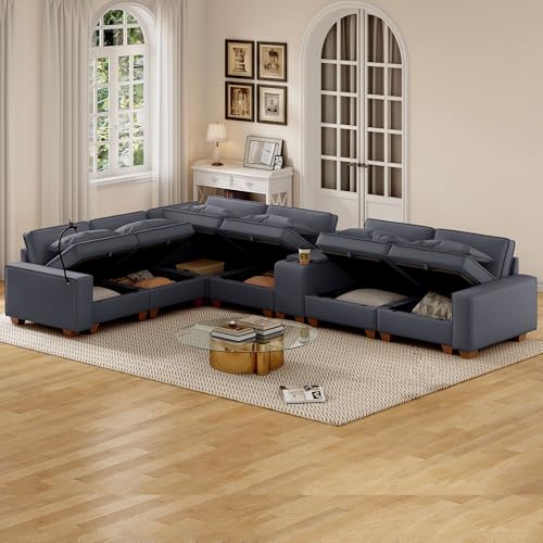 Modular Sectional Sofa, Convertible U Shaped Sofa Couch with Central Console & USB Ports, 7 Seat Modular Sectionals Couch with Chaise and Storage for Living Room, Light Grey