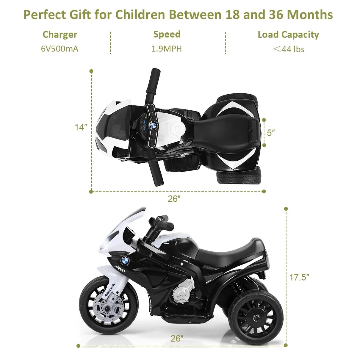 Costway Kids Ride On Motorcycle BMW Licensed 6V Electric 3 Wheels Bicycle with Music & Light (Suitable for 18-36 Months Age)