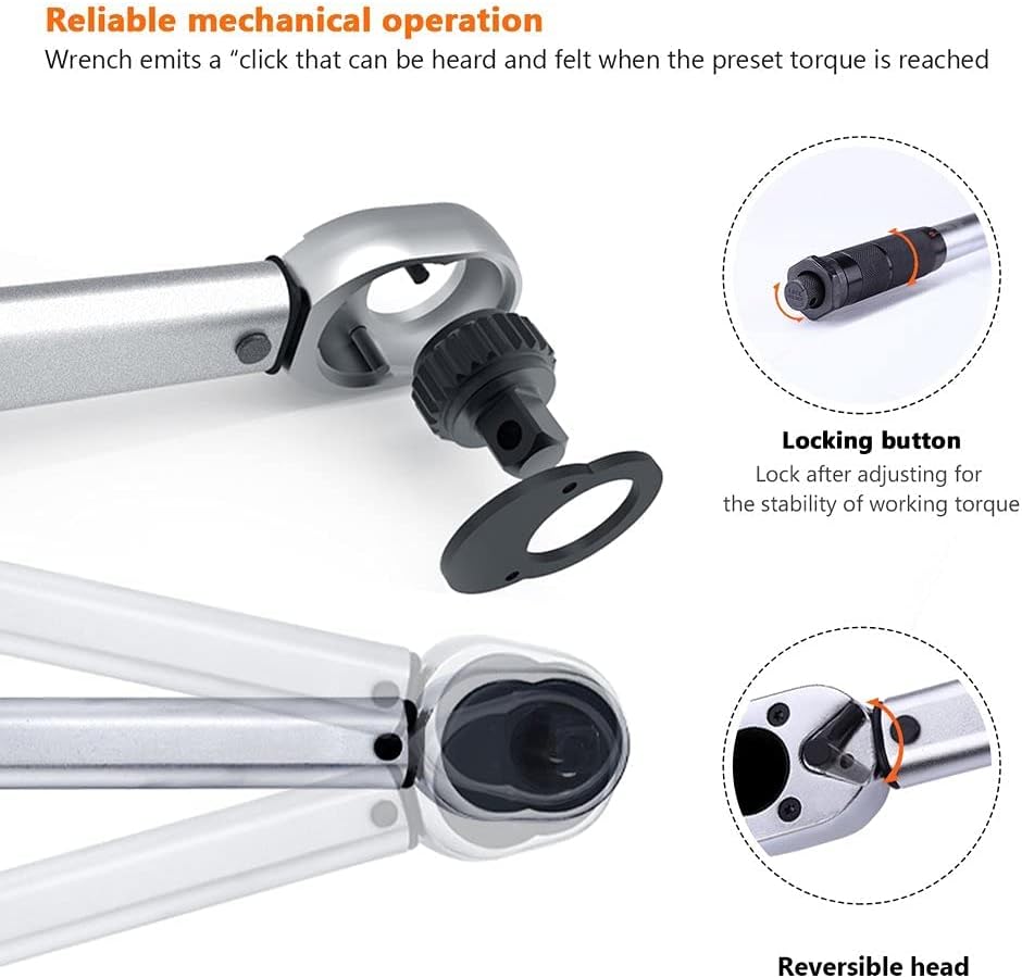 1/2" Drive Click Torque Wrench Set With 3/8" Torque Wrench Adapter And 6" Extension Bar(10-150 Ft.- Lb./13.6-203.5 Nm),Dual Direction Adjustable Bicycle Maintenance Kit suitable for Bikes,cars,trucks