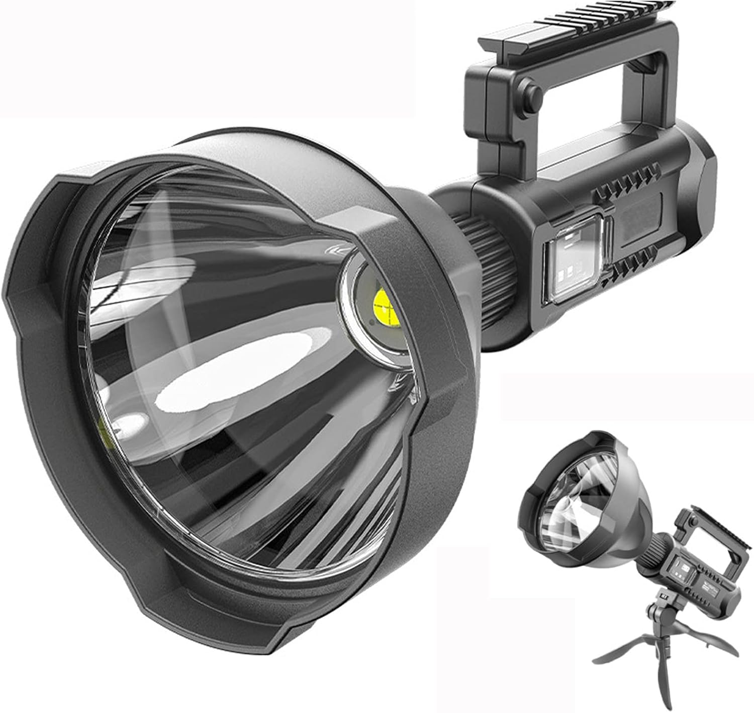 LED Rechargeable Spotlight Flashlight Super Bright 10000 High Lumens IPX6 Water Resistant Emergency Handheld Tactical Flashlights Outdoor Spotlight with USB Output and Tripod (Black 1) (Black 2)