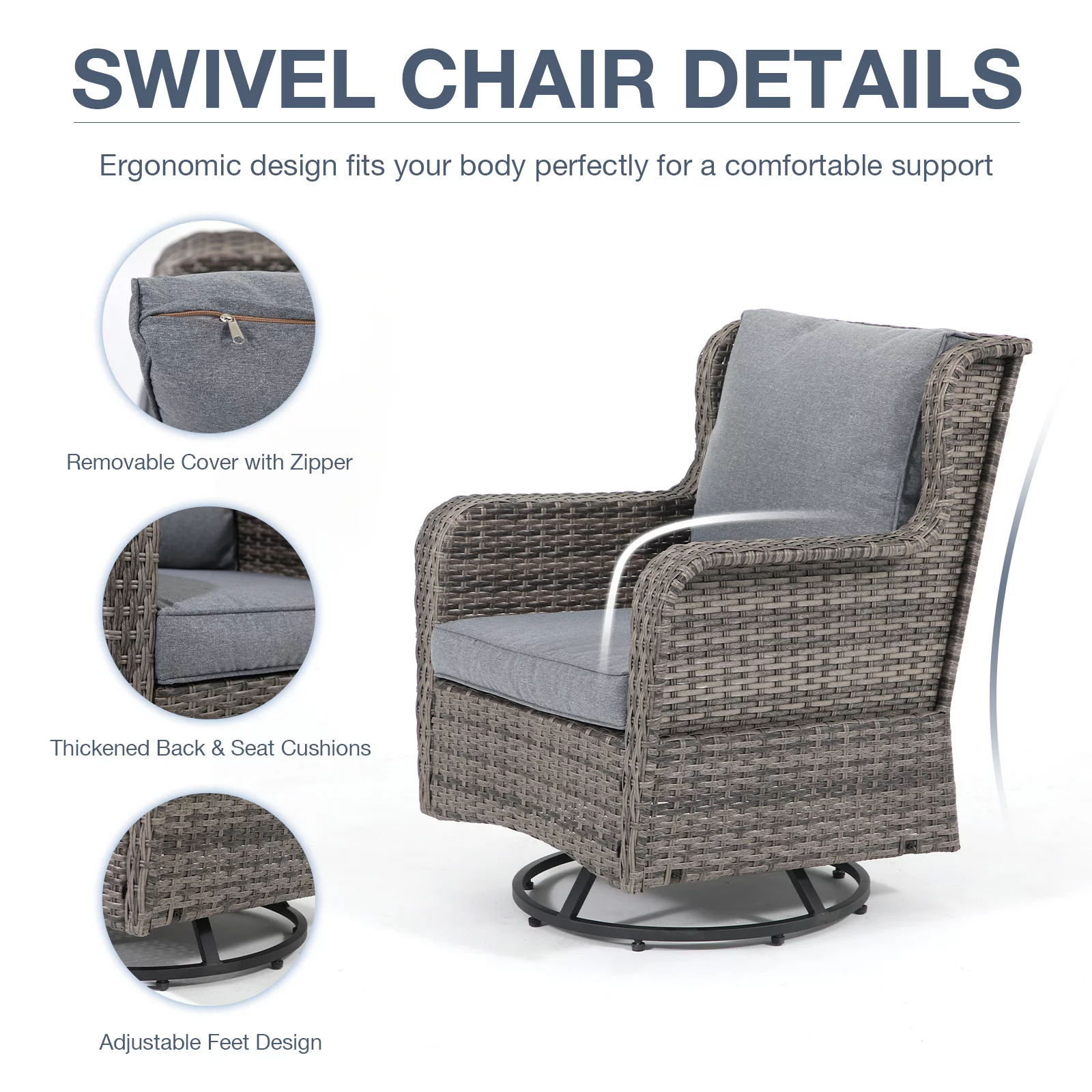 JOIVI Patio Swivel Rocker Set, Outdoor Wicker Swivel Rocking Chairs with Side Table, 3 Pieces All-weather Rattan Furniture Bistro Set with Thick Cushions, Iron Frame, Gray