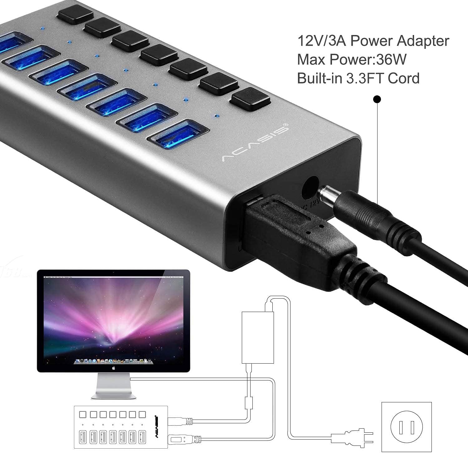 Powered USB Hub - ACASIS 10 Ports 48W USB 3.0 Data Hub - with Individual On/Off Switches and 12V/4A Power Adapter USB Hub 3.0 Splitter for Laptop, PC, Computer, Mobile HDD, Flash Drive and More