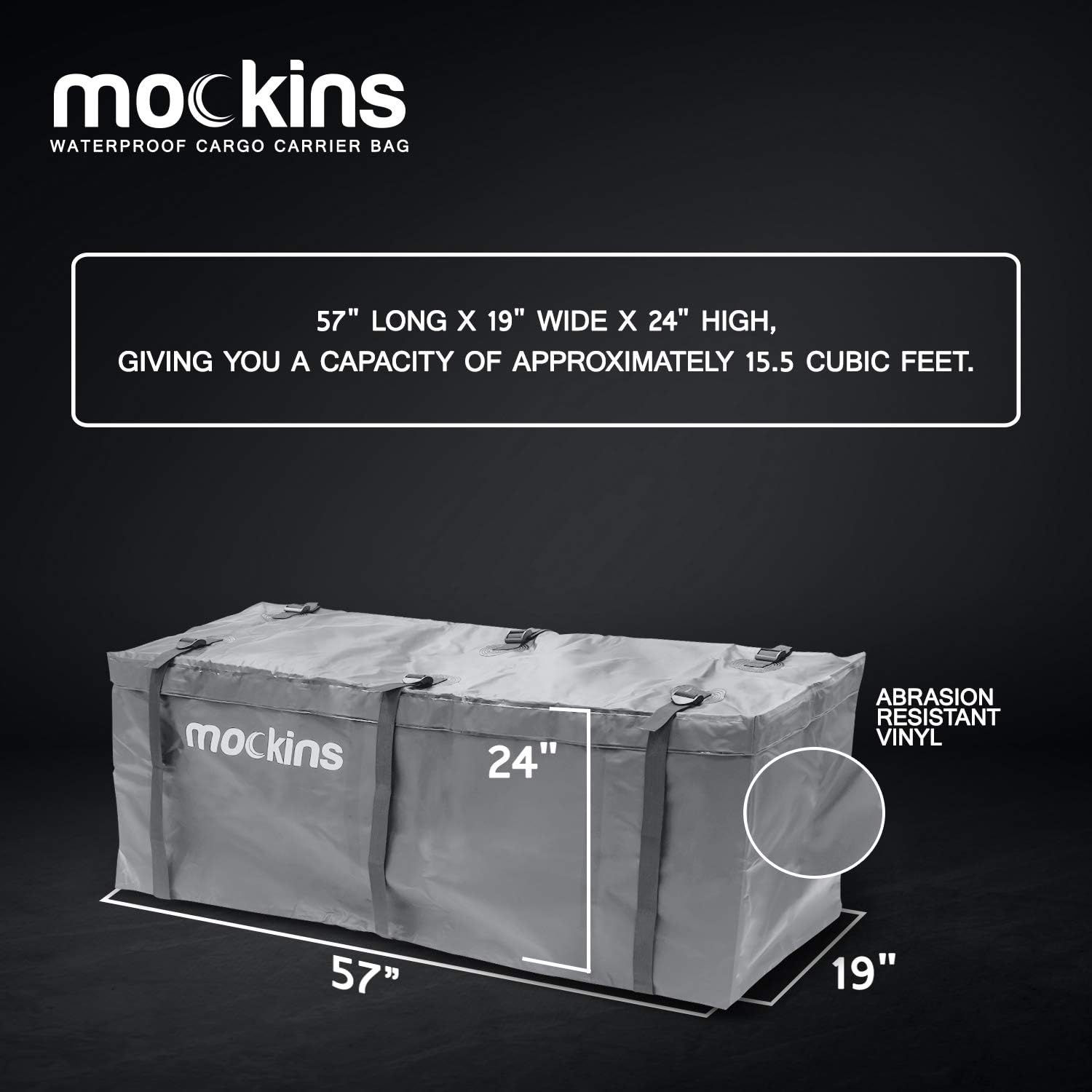 Mockins 15.5 Cu Ft Waterproof Cargo Bag for Hitch Carrier | The 57x24x19 Trailer Hitch Cargo Carrier Bag from Abrasion Resistant Vinyl | Cargo Carrier Hitch Mount Bag with Straps | Hitch Storage Bag