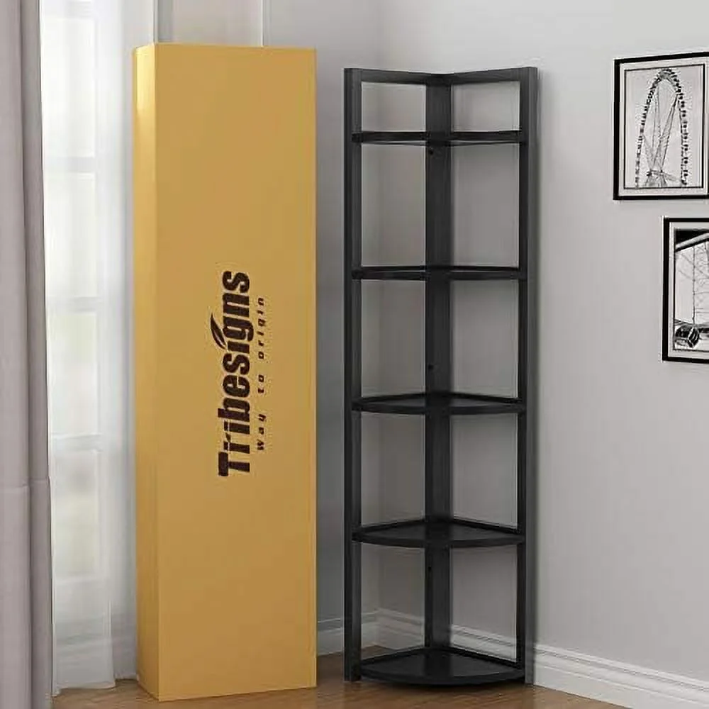 YZboomLife 5 Tier Corner   Rustic Corner Bookshelf Small Bookcase  Rack Plant Stand for Living Room  Home Office  Kitchen  Small Space (Brown)
