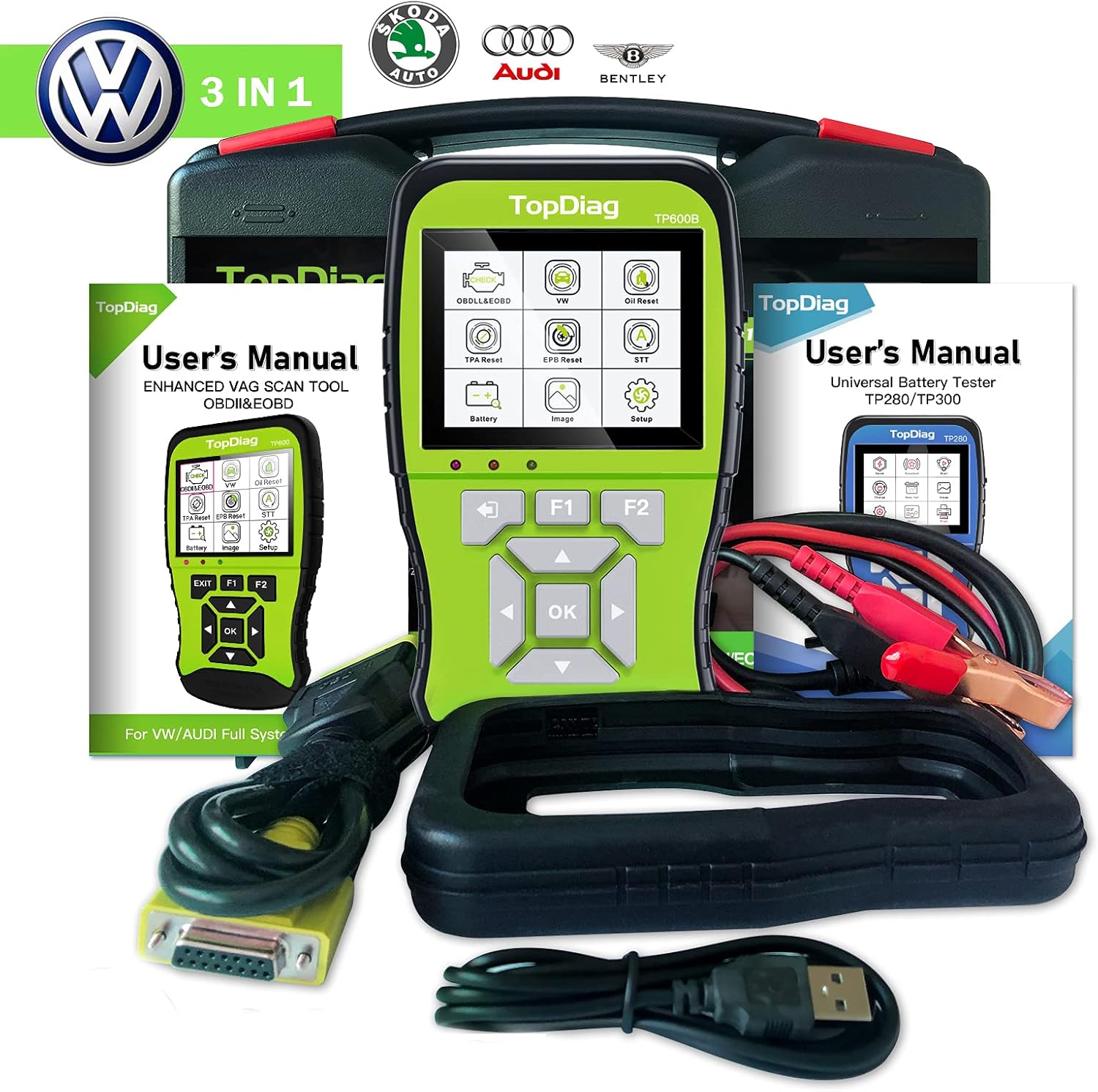 TopDiag OBD2 Scanner, Car Code Reader for VW Audi Skoda Full-Systems Diagnostic, OBDII Scanner with Battery Tester 3 in 1(TP600B)
