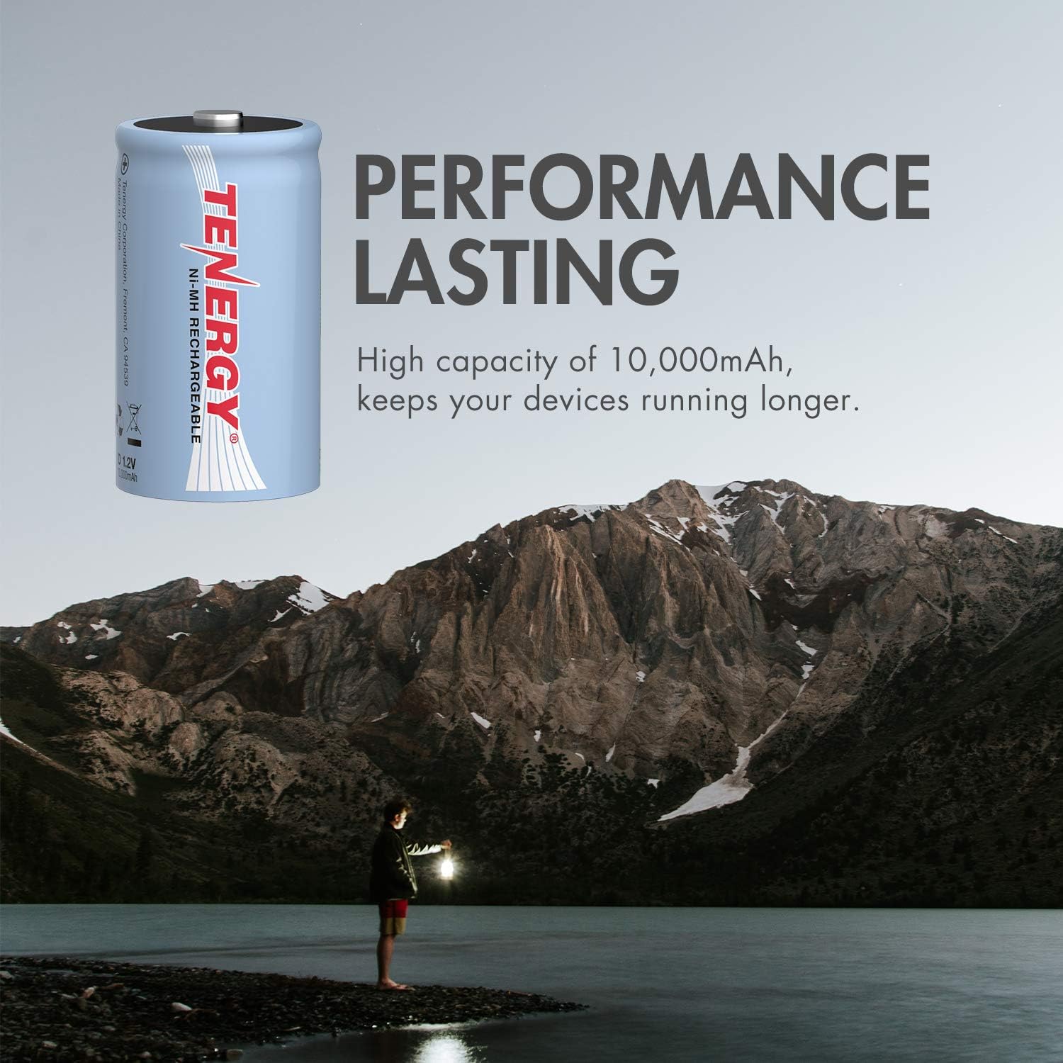 Tenergy 10000mAh NiMH D Battery, Rechargeable High Capacity D Size Battery, High Drain D Cell Batteries for Flashlight, 16-Pack - UL Certified