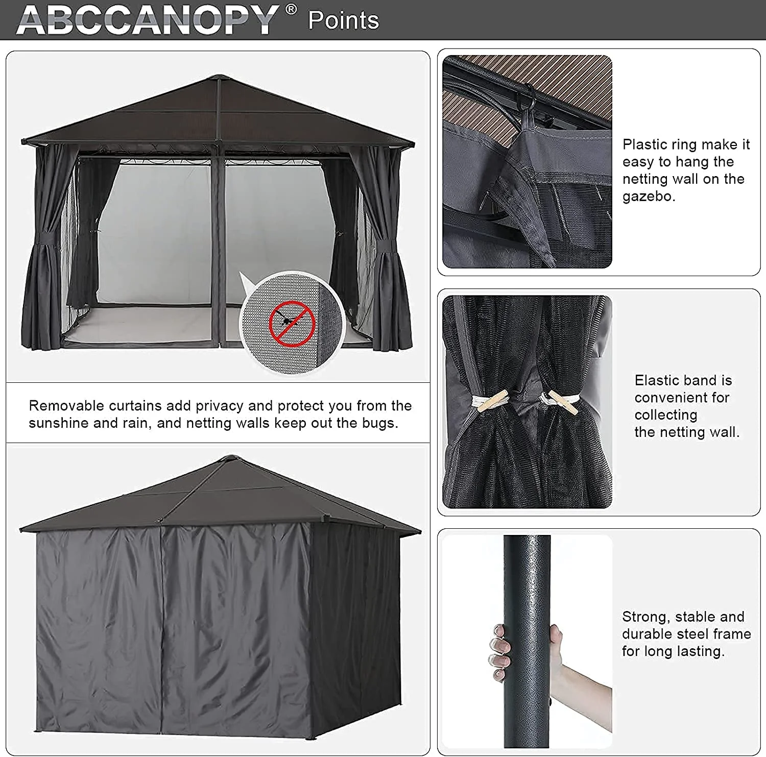 ABCCANOPY 10x10 Hardtop Patio Gazebo with Netting and Screen Walls Curtains,DarkGray