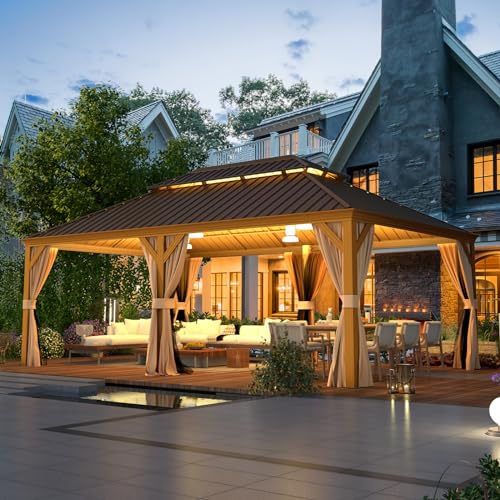 EROMMY 14'x20' Hardtop Gazebo Double Roof Galvanized Steel Canopy Outdoor Aluminum Frame Permanent Metal Pavilion with Netting and Curtains for Patio Backyard Deck and Lawns