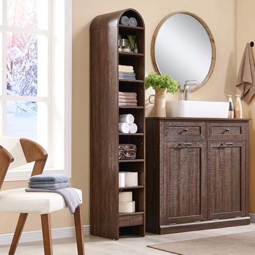 71" Tall Arched Bookshelf, 7 Tiers Arch Bookcase with Storage, Modern Farmhouse Book Shelf with Adjustable Shelves, Wood Bookshelf w/Open Display Shelves for Living Room, Office (Natural)