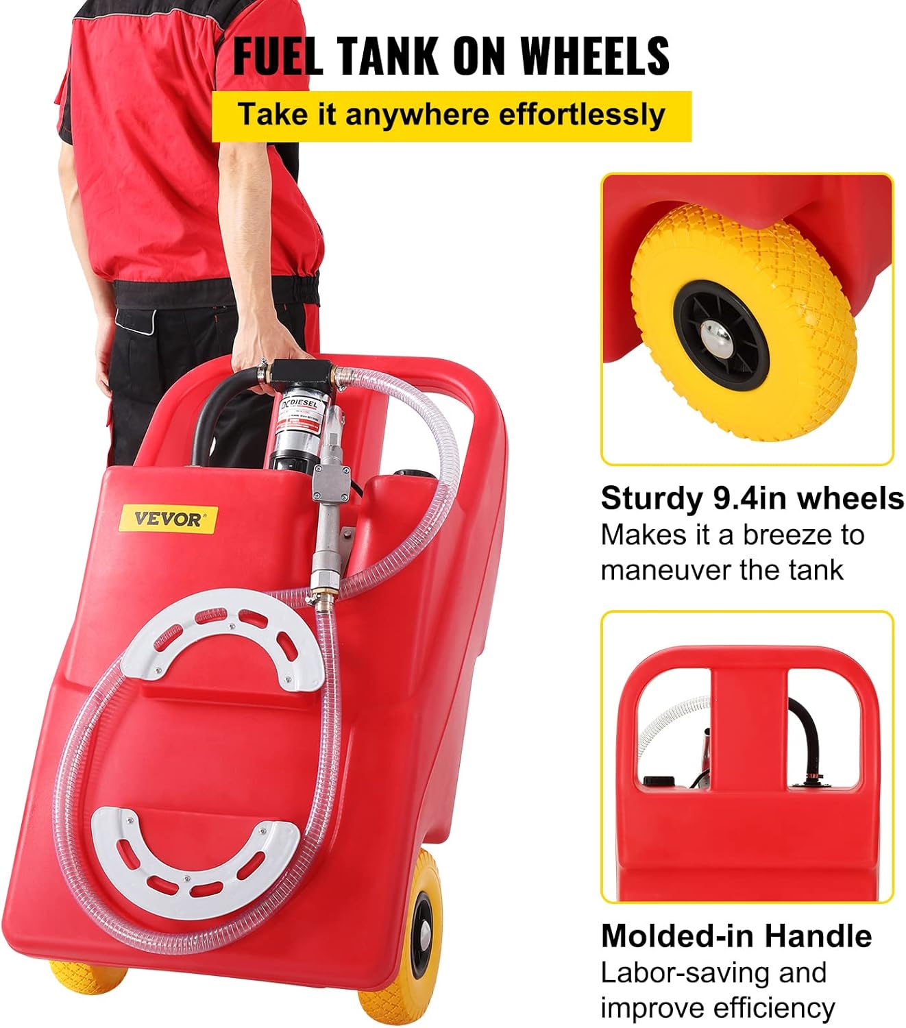 VEVOR Fuel Caddy, 32 Gallon, Portable Fuel Storage Tank On-Wheels, with 12V DC 140 W Transfer Pump (for Diesel Only), Diesel Fuel Container with 13 Ft Hose, Flow Rate 40L/min, for Trucks, Boats