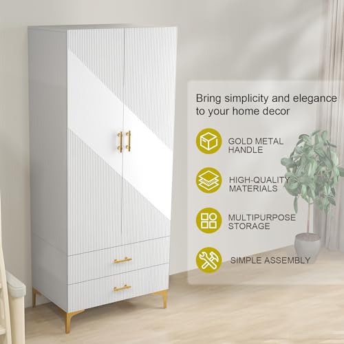 FeLeA Wardrobe Closet for Hanging Clothes, Armoire Portable Closet with Two Drawers & Hanging Rod, 2 Door Freestanding Wardrobe Cabinet for Bedroom,White,(31.5" W x 19.69" D x76.77 H)