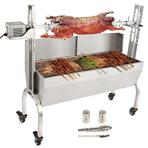 VEVOR Stainless Steel Rotisserie Grill, BBQ Whole Pig Lamb Goat Charcoal Spit Grill, Electric 50W Motor BBQ Hog Rotisserie Roaster, 46 Inch 90 Lbs Capacity Lamb Rotisserie System for Camping Outdoor