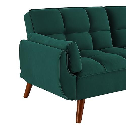 76 Inch Futon Sofa Bed, Modern Tufted Linen Fabric Convertible Sleeper Sofa with Adjustable Positions and Solid Wooden Legs, Comfy Split Back Sofa Couch with Pillow Top Arm for Living Room, Yellow