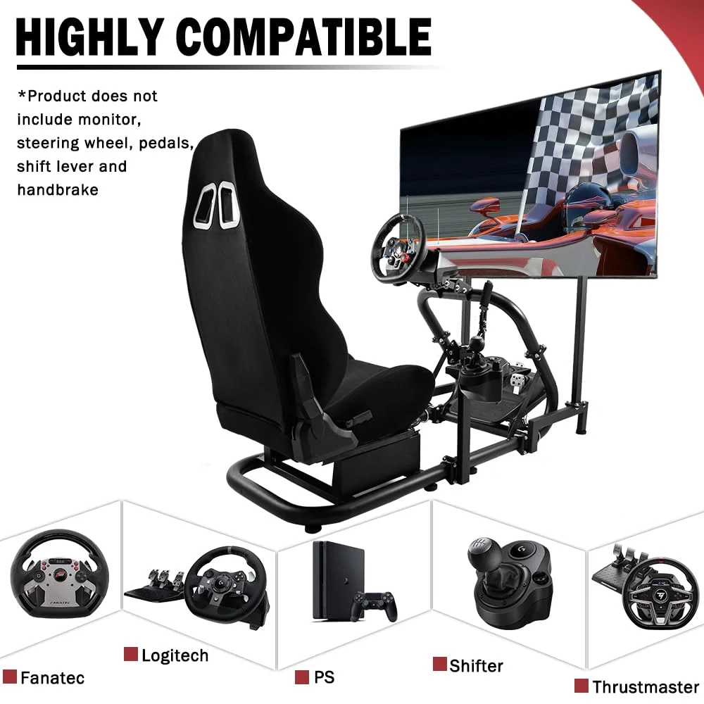 Supllueer G29 Racing Sim Cockpit with TV Stand & Seat Fit Logitech G923 G920 Fanatec Thrustmaster