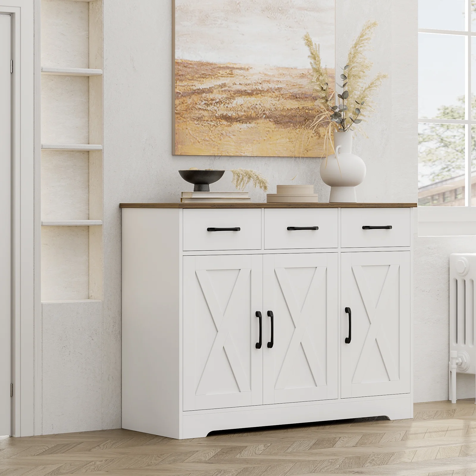 Homfa 42.5‘’ Kitchen Buffet Sideboard Cabinet, 3 Drawers Farmhouse Coffee Bar Storage Cabinet with Adjustable Shelf, White - Curated Treasures Market