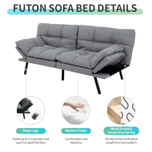MUUEGM Memory Foam Futon Sofa Bed, Futon with Adjustable Backrests Armrests and Convertible, Modern Design Futon Couch for Living Room, Apartment, Office, Small Room, 71" Daybed Brown