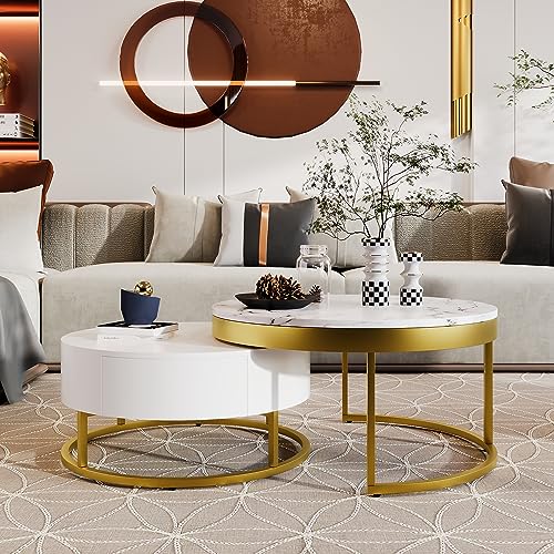 Modern Round Lift-top Nesting Coffee Tables with 2 Drawers for Living Room White & Natural