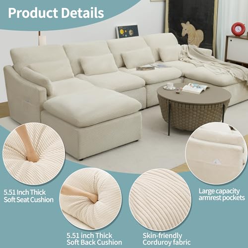 Modular Sectional Sofa, Cloud Couches with Fluffy Corduroy, Convertible U Shaped Couch with Ottomans, Comfy Oversized 4 Seater Sofa Couch Set with Chaise for Living Room