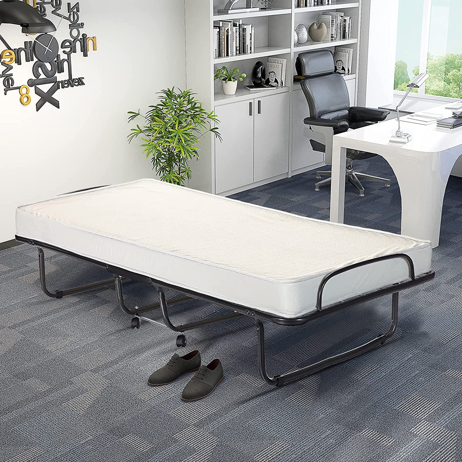 Folding Bed with Mattress Memory Foam, Bed w/Sturdy U-Shaped Metal Bed Frame, 4 Universal Wheels, Portable Guest Bed, Easy Storage, Cot-Size Rollaway Single Bed, Made in Italy