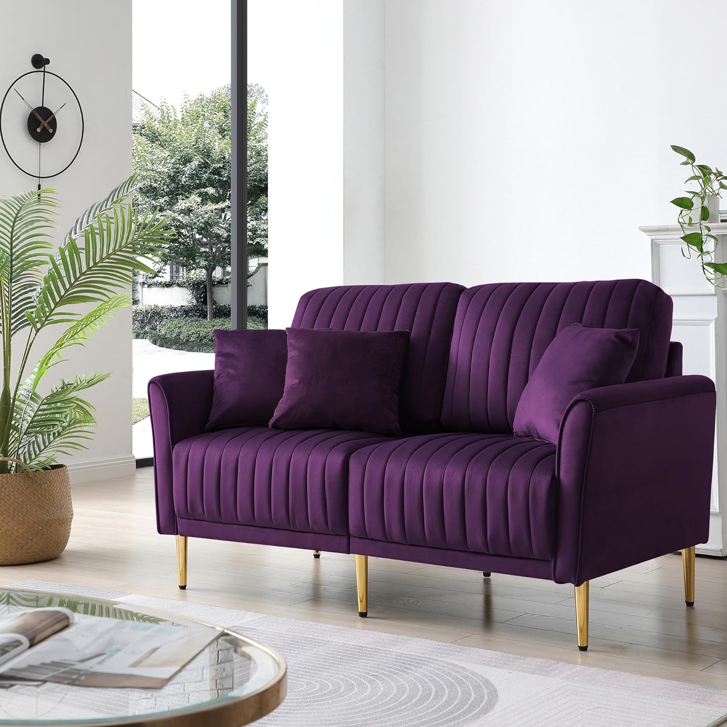 Purple Velvet Upholstered Round Arm Loveseat 2 Seat Sofa with 2 Throw Pillows