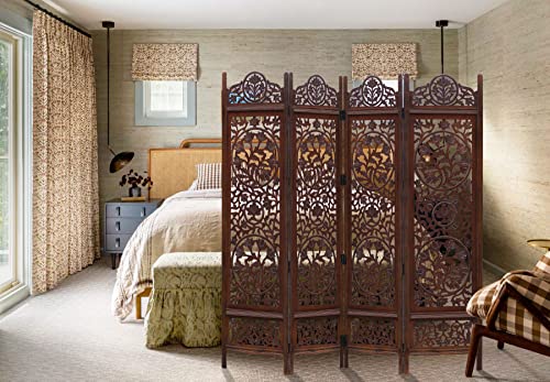 Room Divider Wood Screen - Ghanti Bells Antique Brown - 4 Panel Folding 72 x 80 - Assembled Hand Carved Decorative Functional Versatile Portable Partition Reversible Privacy Boho - COTTON CRAFT