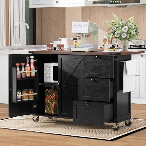 54.5" Farmhouse Mobile Kitchen Island with Power Outlet, Drop Leaf, Spice Rack and Drawer - Rolling Kitchen Cart with Ample Storage, Rustic Storage Islands for Home and Dining Room