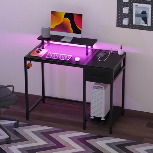 Computer Desk with Drawers, 55 inch Office Desk with Storage and Monitor Stand,Gaming Desk with LED Light and Power Outlet, Work Desk for Home Office,Rustic Brown