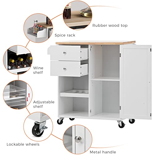 Kitchen Island Cart on Wheels with Storage, Rolling Cart Cabinet with 2 Drawers 2 Open Shelves 1 Adjustable Tray, Rubberwood Top Small Microwave Removable Trolley with Spice Rack and Towel Rack