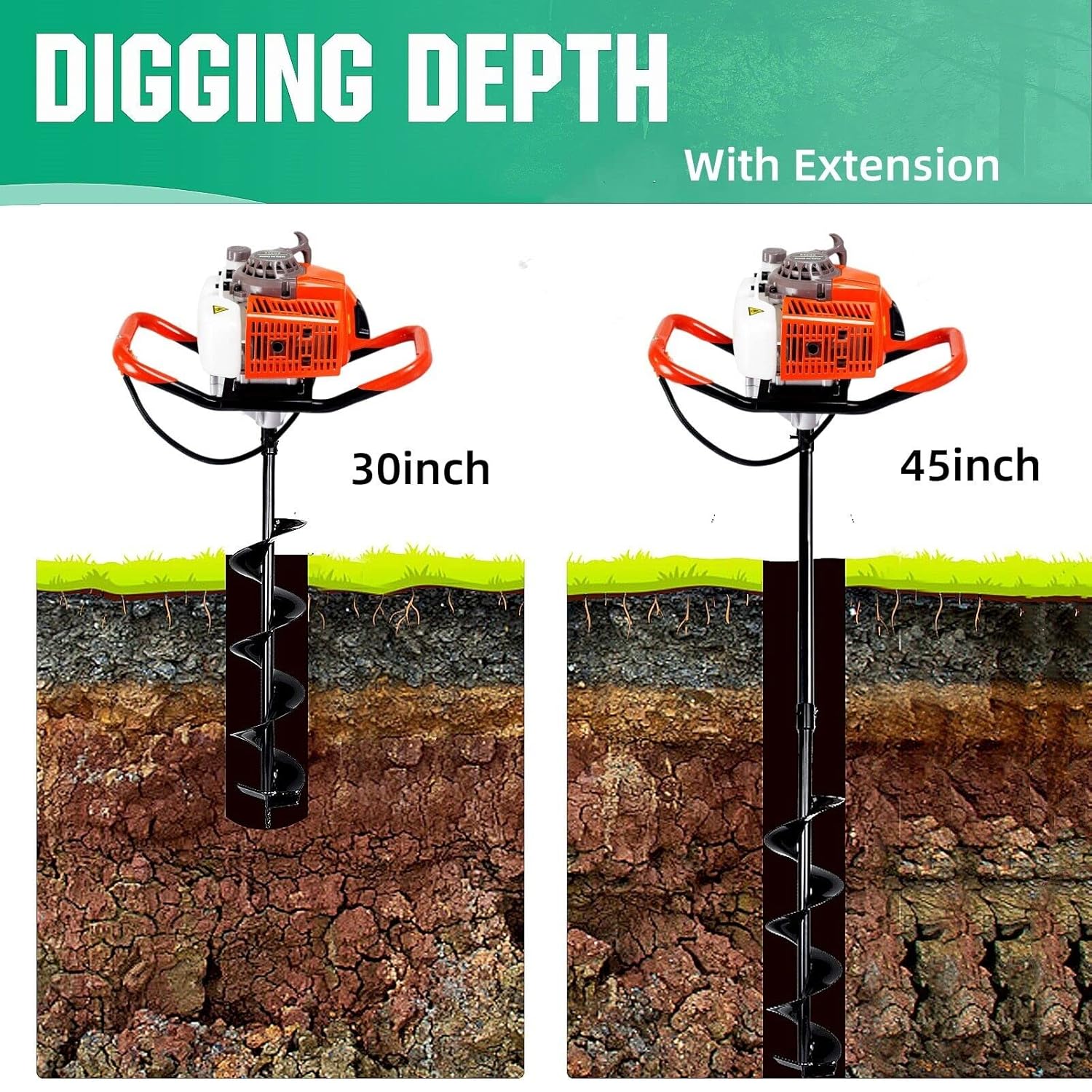 DC HOUSE 63CC 3.4HP 2 Stroke Gas Powered Auger Post Hole Digger with 2 Earth Auger Drill Bits 6" & 10" + 3 Extension Rods for Farm Garden Digging/Drilling/Planting (Subcontract delivery)