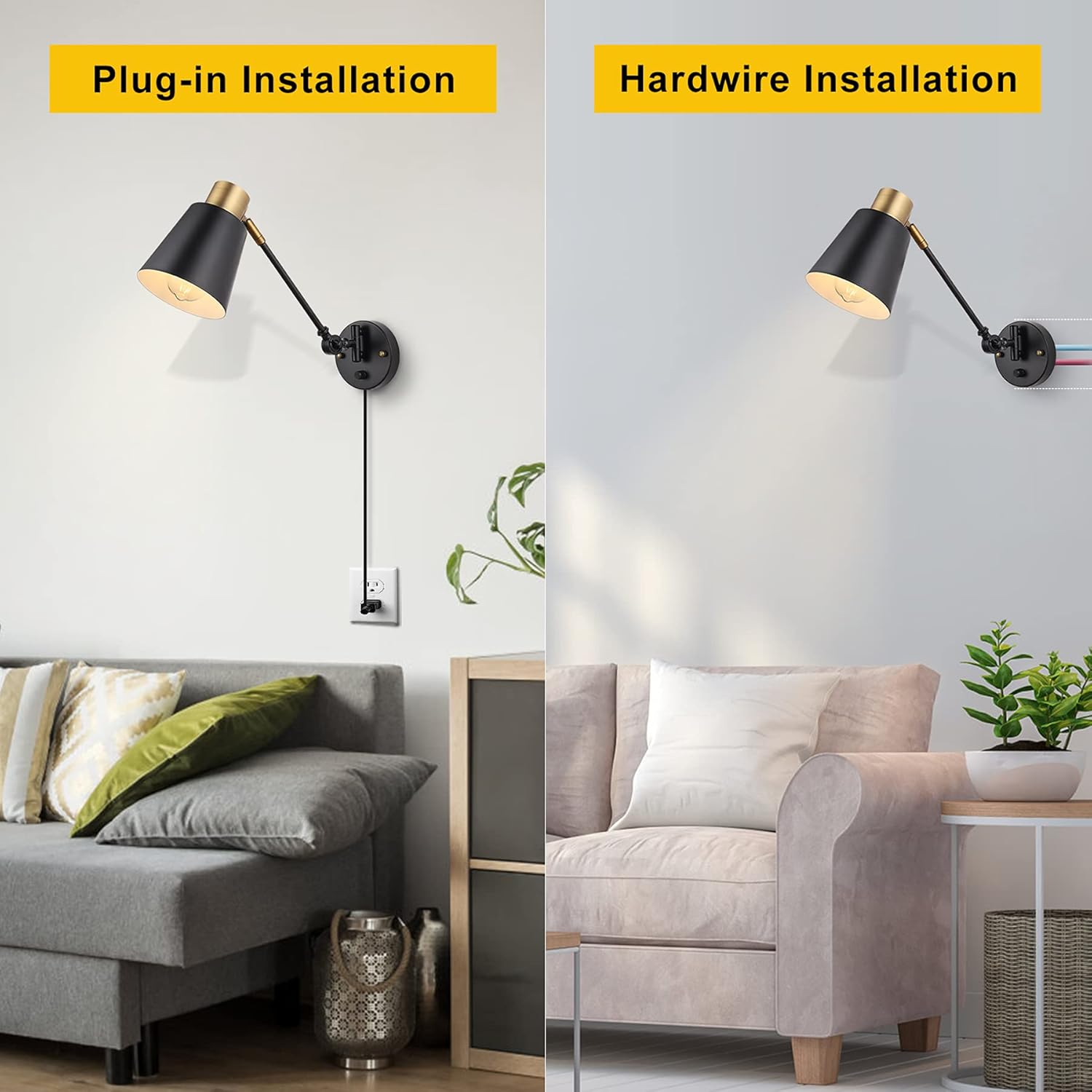 Dimmable Wall Lamp with Plug in Cord, ENCOMLI Plug in Wall Sconces, Swing Arm Sconces Wall Lighting with On Off Switch, Metal Black Brass Industrial Wall Sconce Plug in Wall Light, E26 Base