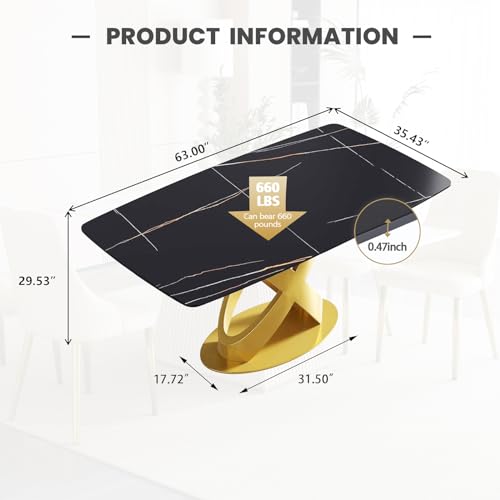 Modern Rectangle Marble Dining Table for 4,63" Black Marble Sintered Stone Top DiningTable,Rectangle Dining Room Table with Unique X-Shape Carbon Steel Pedestal for Kitchen/Living Room(Table Only)