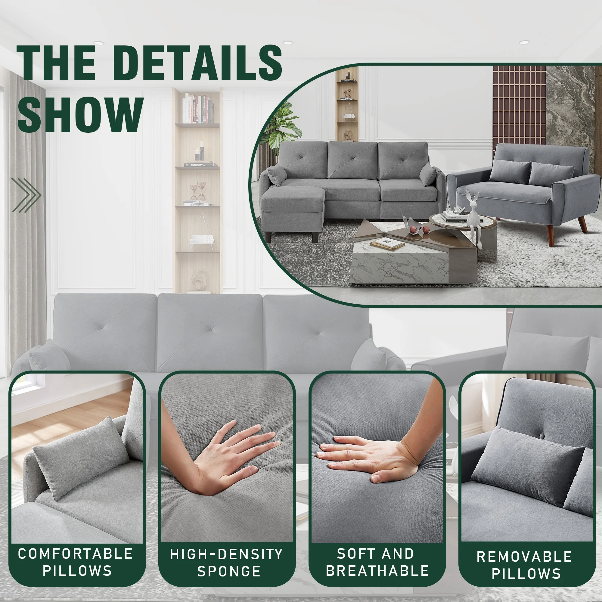 79" Convertible Sectional Sofa Set, Small L Shaped 3-Seat Couch with Reversible Chaise and Accent Chair, Modern Linen Sofas Couches for Living Room, LightGrey - Curated Treasures Market