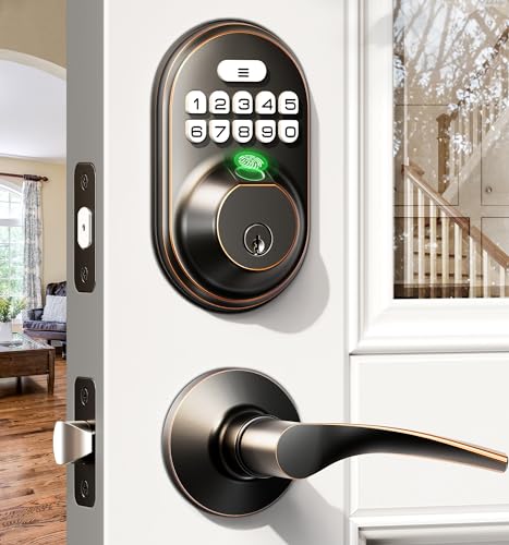 Veise Fingerprint Door Lock with 2 Lever Handles - Keyless Entry Door Lock, Keypad Door Lock with Handle, Electronic Deadbolt Front Door Lock Set, Auto Lock, Easy Installation, Oil Rubbed Bronze