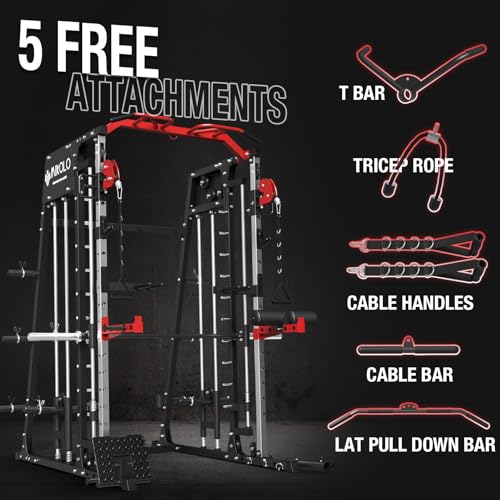 Mikolo Smith Machine, 2200lbs Squat Rack with LAT-Pull Down System & Cable Crossover Machine, Training Equipment with Leg Hold-Down Attachment, Garage & Home Gym Package