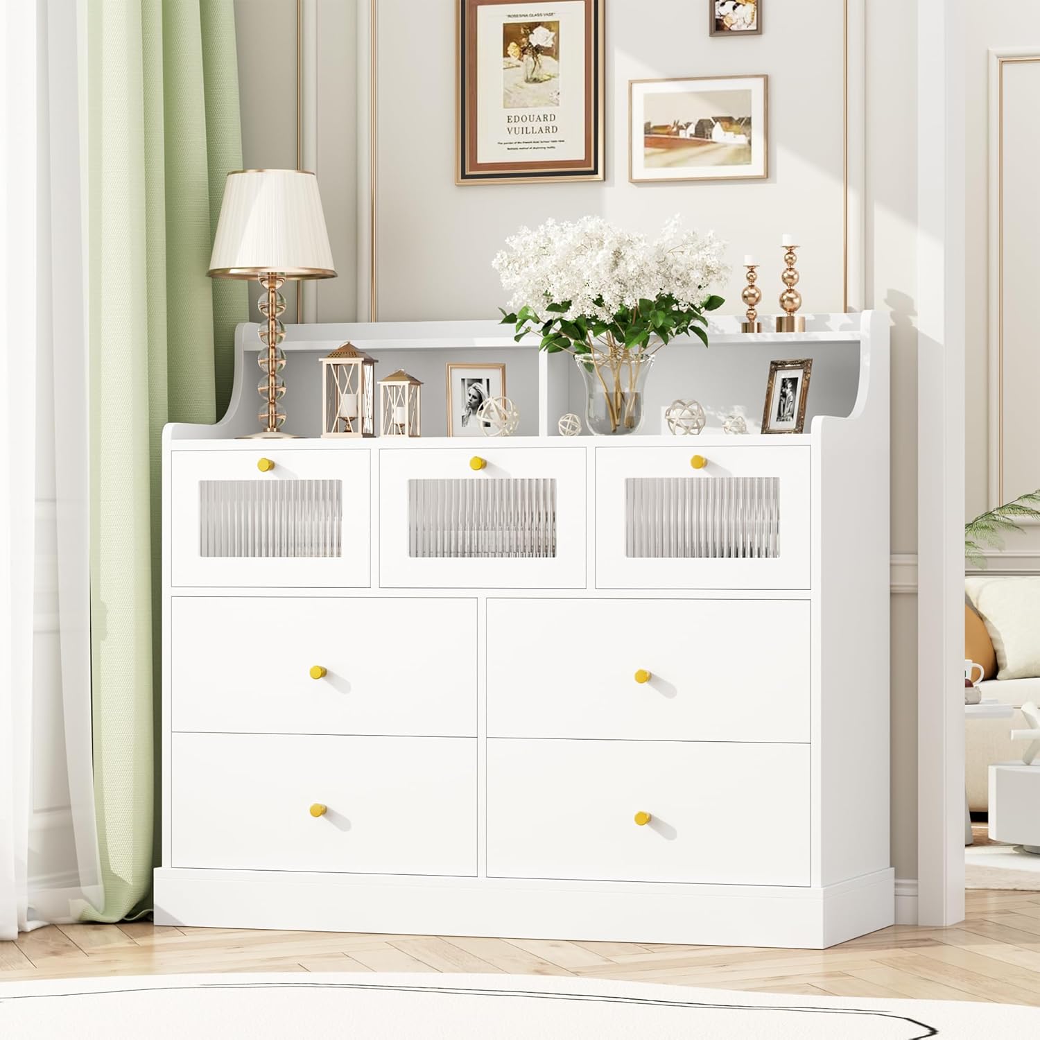 finetones 7 Drawer Dresser, White Dresser Double Dresser with Shelves, White and Gold Dresser, Wide Chest of Drawers, Dressers & Chests of Drawers, Large Wooden Storage White Dresser for Living Room