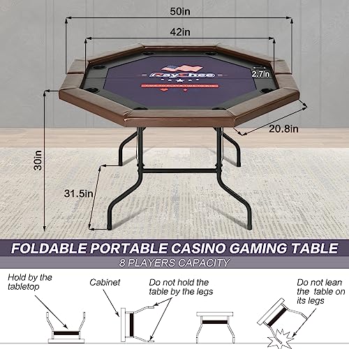 RayChee Poker Table Foldable, 8 Player Octagonal Folding Portable Texas Holdem Table with Water-Resistant Cushioned Rail, 8 Stainless Steel Cup Holders, Casino-Grade Felt Surface (48inch, Black)