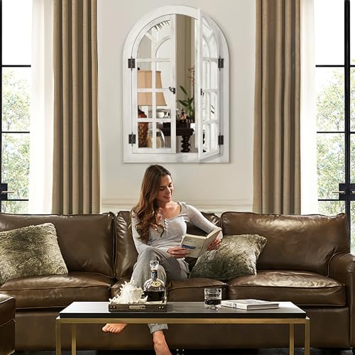 Arched Wall Mirror -Window Mirrors for Wall Decor Wood Frame Farmhouse Decor Like Window for Bedroom, Living Room, Entrance, Dining Room