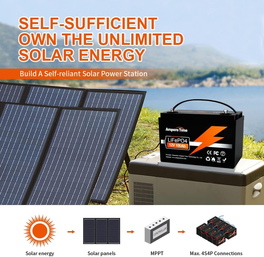 Ampere Time 12V 100Ah LiFePO4 Battery with 14.6V 10A Dedicated Lithium Battery Charger; Built-in 100A BMS, 4000+ Cycles, for RV, Solar, Marine, Overland, Off-Grid Application…