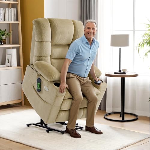 MCombo Large Triple Motor Power Lift Recliner Chair with Massage and Dual Heating, Adjustable Headrest for Tall Elderly People, Fabric 7634 (Grey, Large)