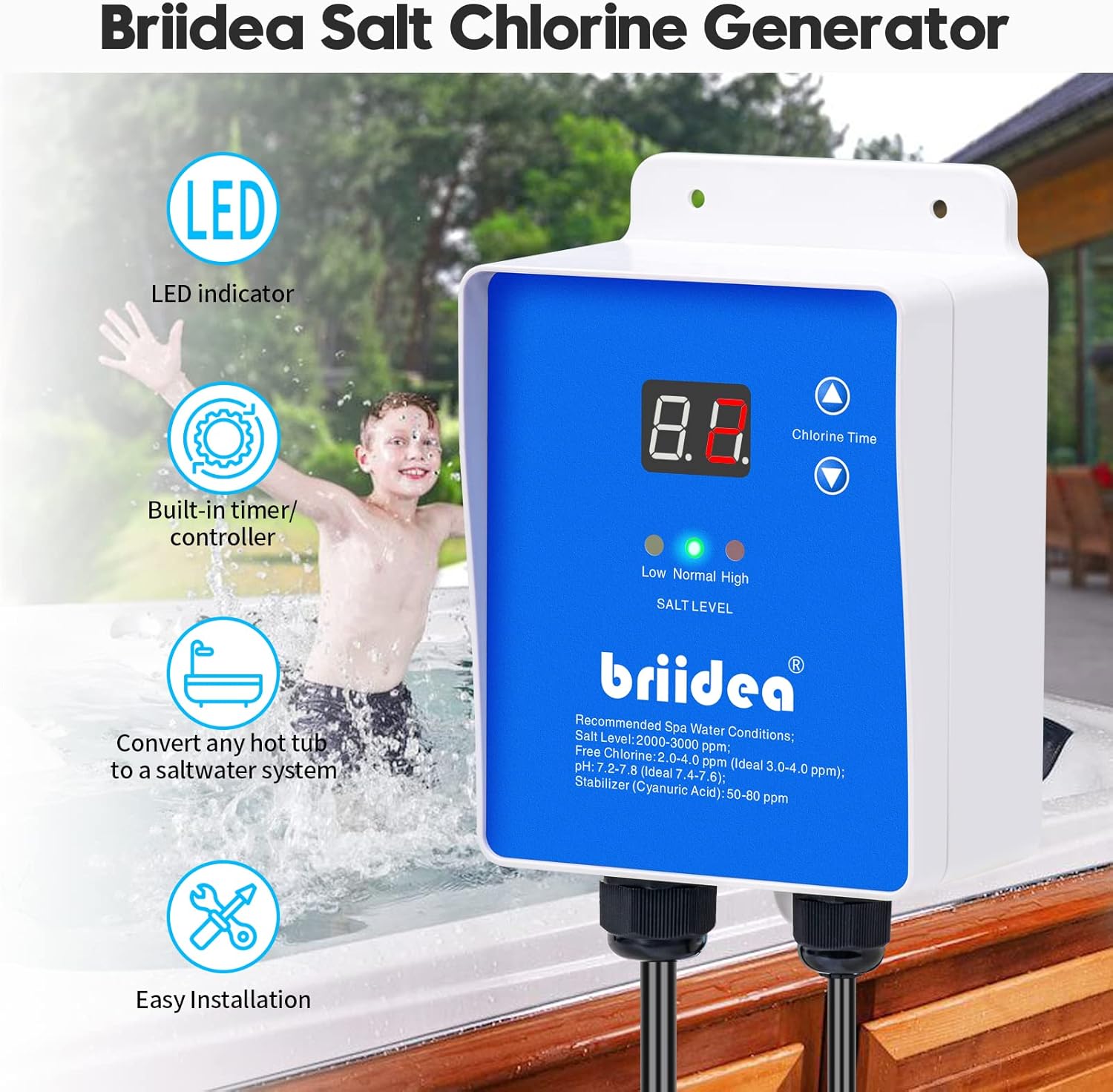 Salt Chlorine Generator, Briidea Chlorine Generator for Hot Tubs & Swim Spas, Up to 2000 Gallons, Chemical-Free