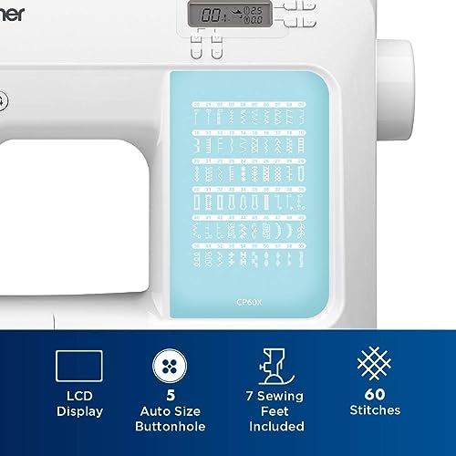 Brother CP60X Computerized Sewing Machine, 60 Built-in Stitches, LCD Display, 7 Included Feet, White