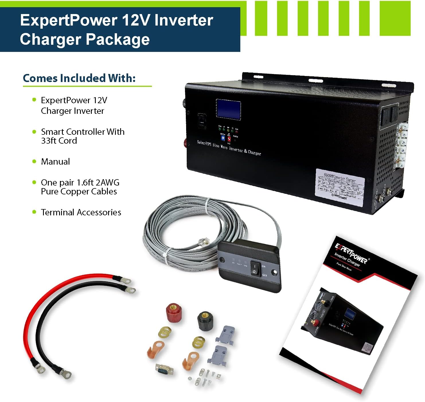 ExpertPower 2.5KWH 12V Solar Power Kit | LiFePO4 12V 100Ah, 400W Mono Solar Panels, 30A MPPT Solar Charge Controller, 2KW Pure Sine Wave Inverter Charger | RV, Trailer, Camper, Marine, Off Grid