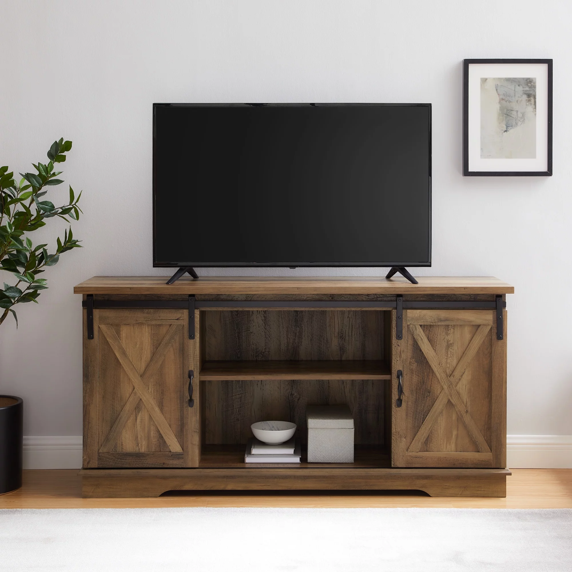 Woven Paths Sliding Farmhouse Barn Door TV Stand for TVs up to 65", Reclaimed Barnwood