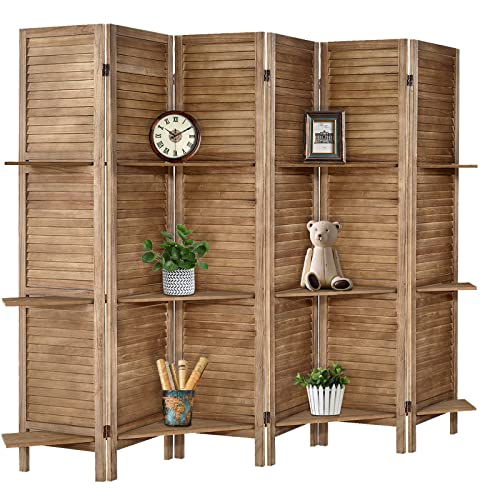 Room Divider with Shelves, Privacy Screen, Room Dividers and Folding Privacy Screens, 5 Panel Wood Temporary Wall Partition Separation Separator, Coconut