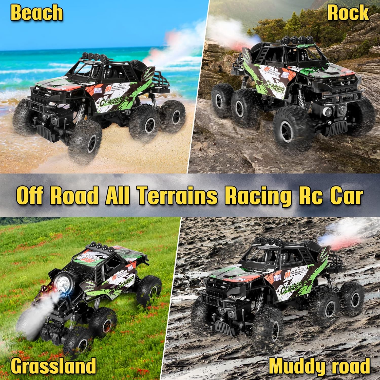 1/10 Scale Large RC Truck 2.4Ghz Remote Control Car with Color LED Mist Spray-6x6 Off-Road Remote Control Monster Truck for 40+ Min Play-All Terrains Remote Control Truck for Kids & Adults Pack of 2