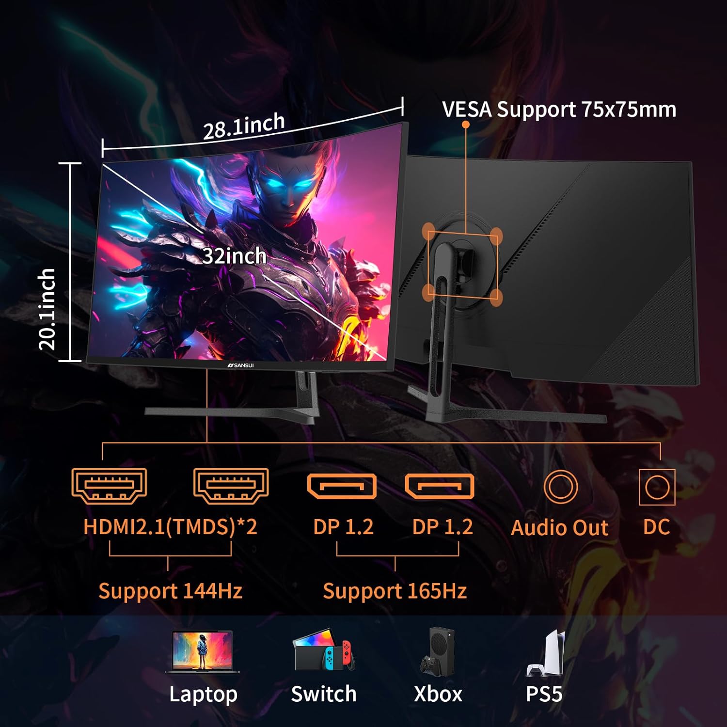 SANSUI 32-Inch WQHD 165Hz Curved 1500R Wide Gaming Monitor-2560 x 1440, 1ms(OD), HDR, 300nits, sRGB 125%, DCI-P3 95%, Adaptive Sync, HDMI2.1(TMDS) x2, DP1.2x2(ES-G32C3 DP Cable Included)