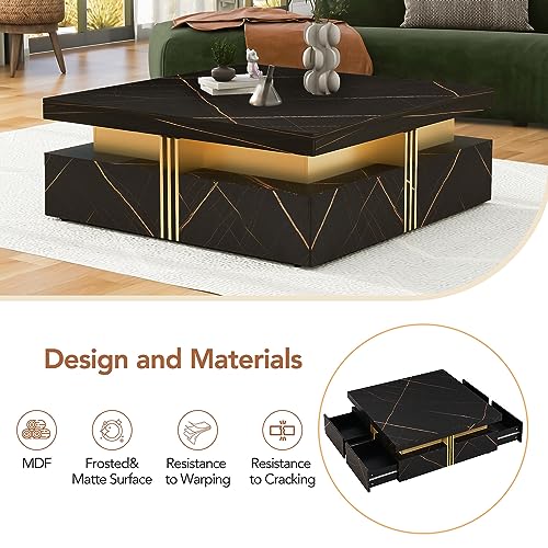 Modern Round Lift-top Nesting Coffee Tables with 2 Drawers for Living Room White & Natural