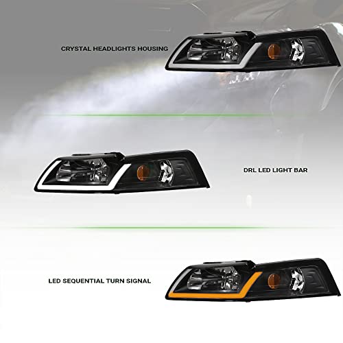 7422440591543 Compatible With 1999-2004 Ford Mustang Switchback Sequential LED Strip Bar Chrome Housing Headlights With Amber Reflector